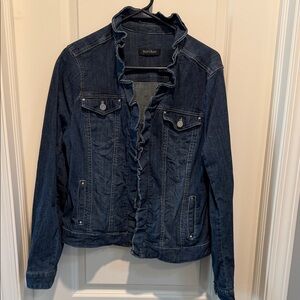 White House Black Market Dark Blue Jean Jacket with Ruffle Trim